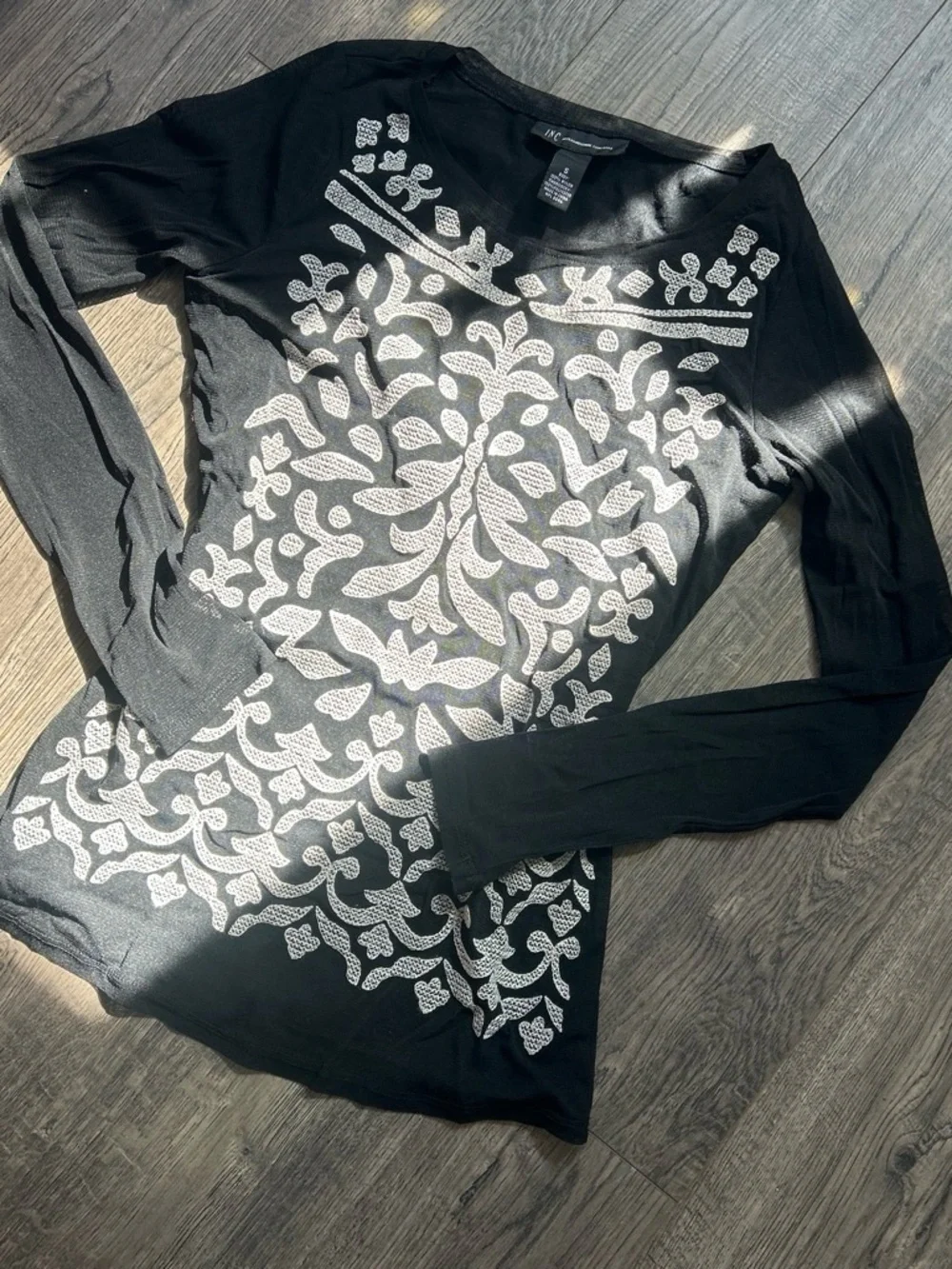 INC International Concepts Black Top with White Embroidered Design